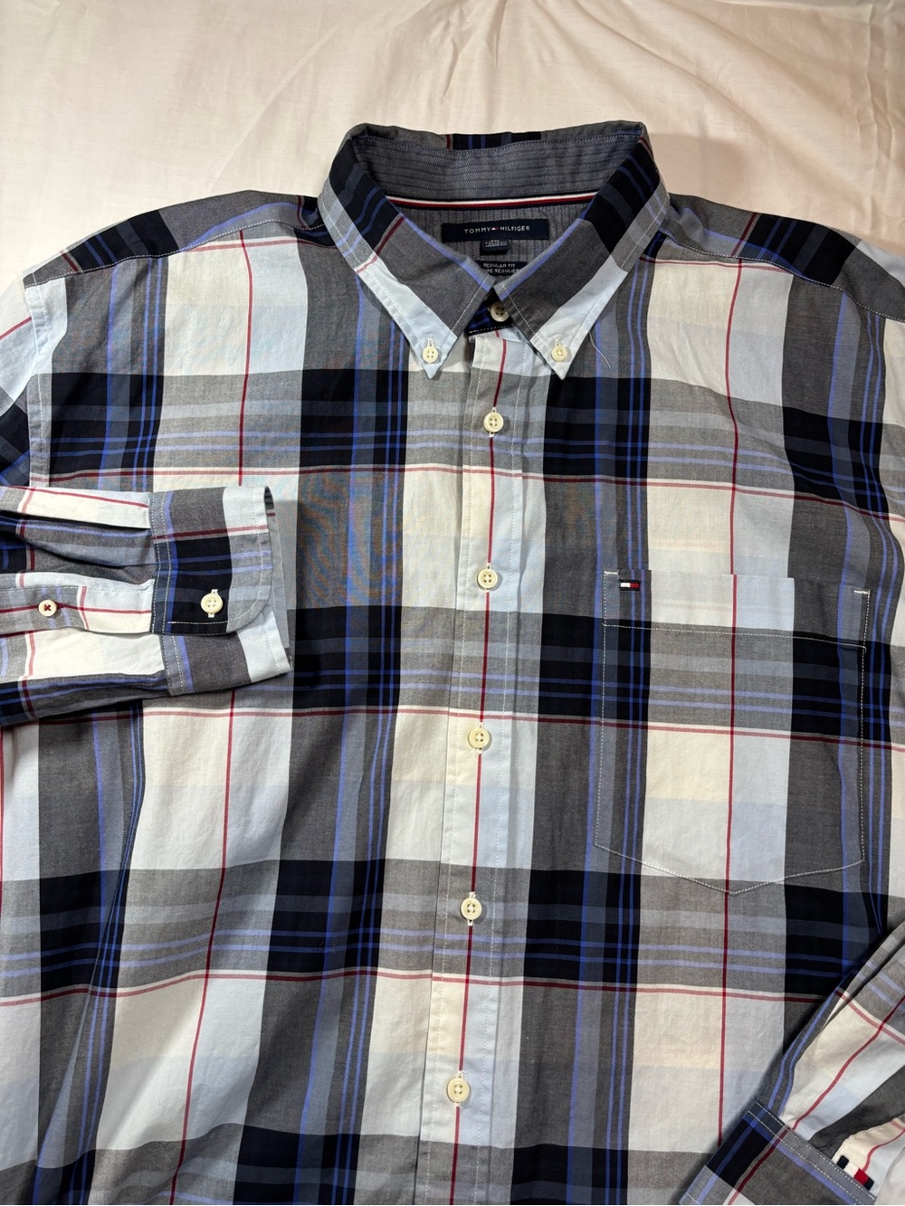 Tommy Hilfiger Men’s Blue, Black and Gray Plaid Button-Down Shirt